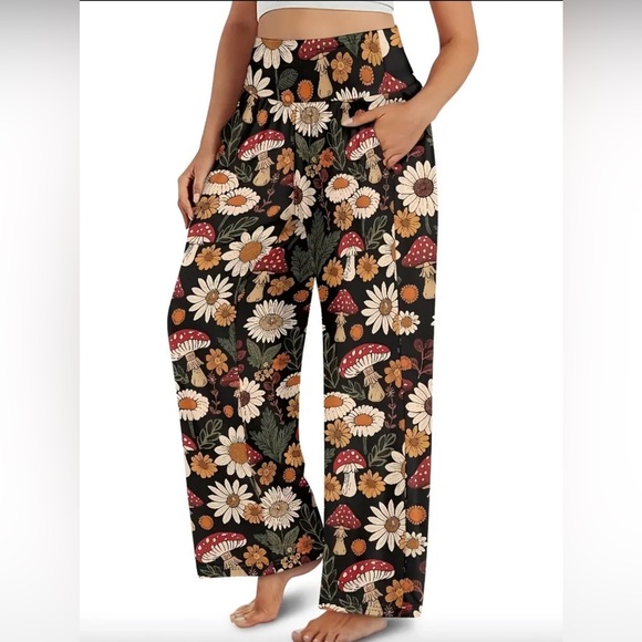 NWT Mushroom Print Wide Leg Pants Cottagecore Boho Festival Nature Size M - Picture 2 of 5